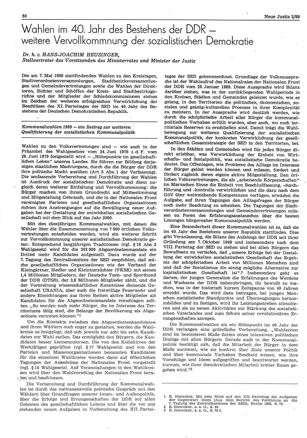 Neue Justiz (NJ), Zeitschrift für sozialistisches Recht und Gesetzlichkeit [Deutsche Demokratische Republik (DDR)], 43. Jahrgang 1989, Seite 50 (NJ DDR 1989, S. 50)