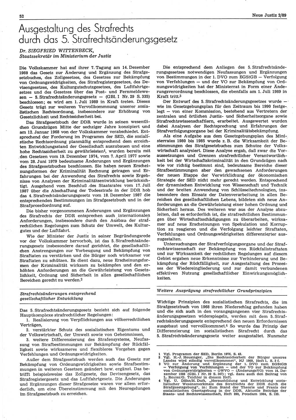 Neue Justiz (NJ), Zeitschrift für sozialistisches Recht und Gesetzlichkeit [Deutsche Demokratische Republik (DDR)], 43. Jahrgang 1989, Seite 52 (NJ DDR 1989, S. 52)