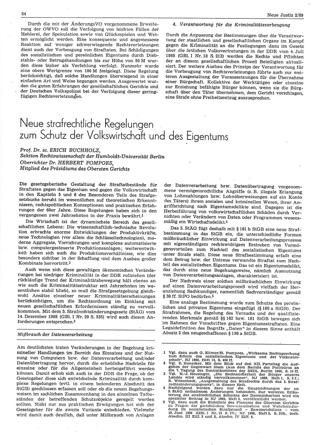 Neue Justiz (NJ), Zeitschrift für sozialistisches Recht und Gesetzlichkeit [Deutsche Demokratische Republik (DDR)], 43. Jahrgang 1989, Seite 54 (NJ DDR 1989, S. 54)