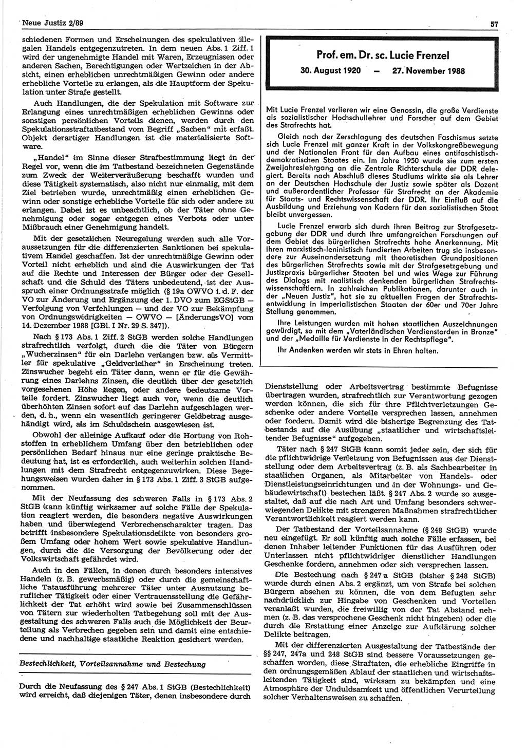 Neue Justiz (NJ), Zeitschrift für sozialistisches Recht und Gesetzlichkeit [Deutsche Demokratische Republik (DDR)], 43. Jahrgang 1989, Seite 57 (NJ DDR 1989, S. 57)