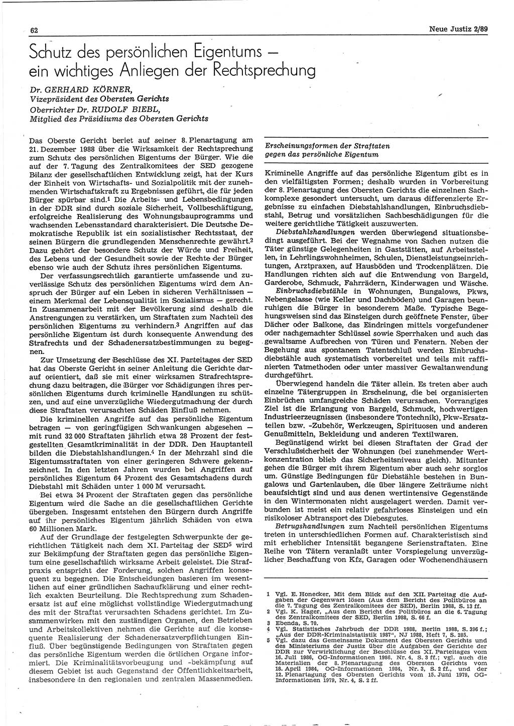 Neue Justiz (NJ), Zeitschrift für sozialistisches Recht und Gesetzlichkeit [Deutsche Demokratische Republik (DDR)], 43. Jahrgang 1989, Seite 62 (NJ DDR 1989, S. 62)