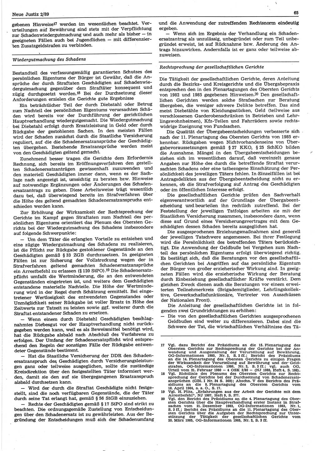 Neue Justiz (NJ), Zeitschrift für sozialistisches Recht und Gesetzlichkeit [Deutsche Demokratische Republik (DDR)], 43. Jahrgang 1989, Seite 65 (NJ DDR 1989, S. 65)