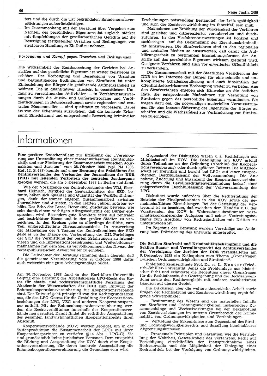 Neue Justiz (NJ), Zeitschrift für sozialistisches Recht und Gesetzlichkeit [Deutsche Demokratische Republik (DDR)], 43. Jahrgang 1989, Seite 66 (NJ DDR 1989, S. 66)