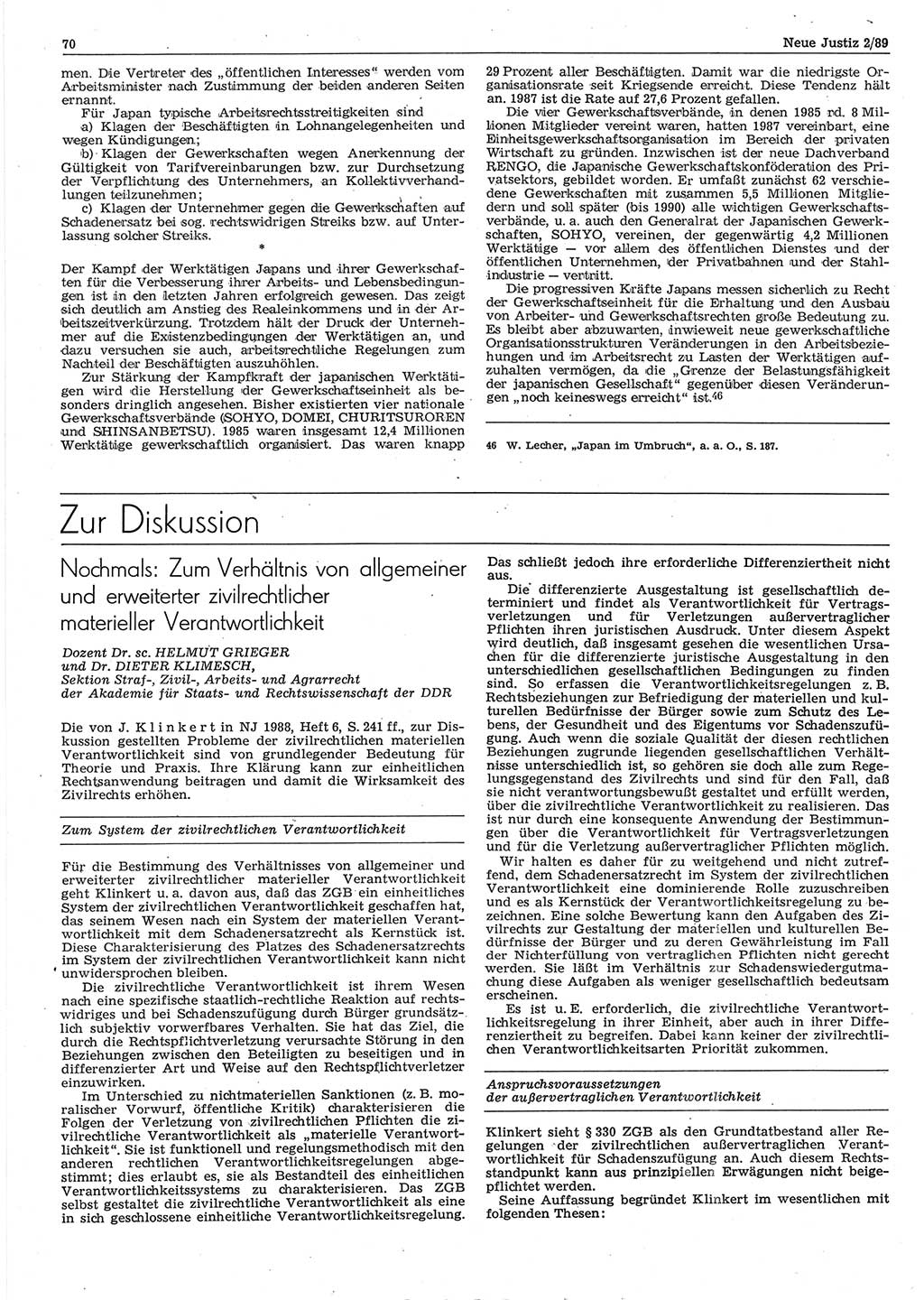 Neue Justiz (NJ), Zeitschrift für sozialistisches Recht und Gesetzlichkeit [Deutsche Demokratische Republik (DDR)], 43. Jahrgang 1989, Seite 70 (NJ DDR 1989, S. 70)