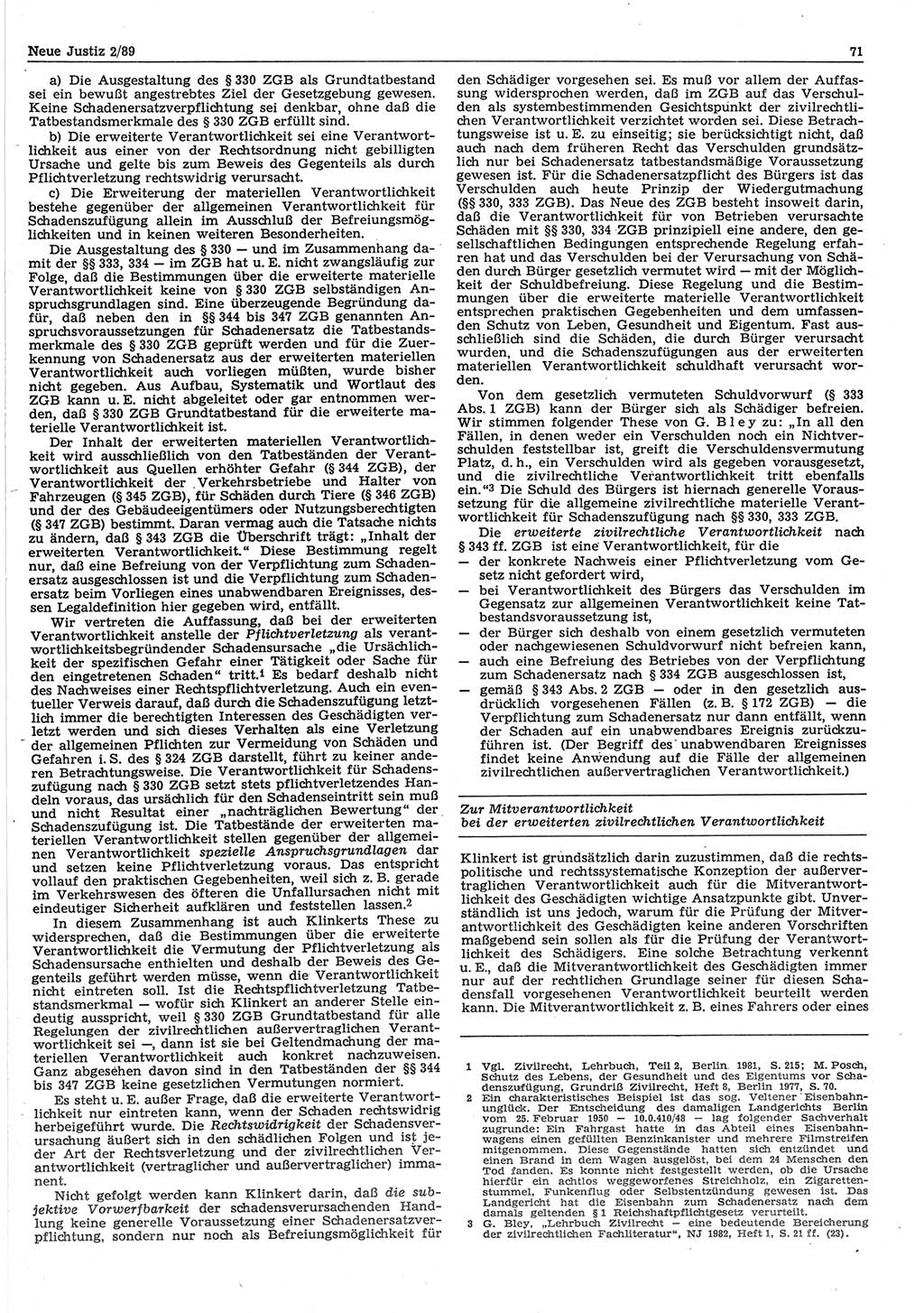 Neue Justiz (NJ), Zeitschrift für sozialistisches Recht und Gesetzlichkeit [Deutsche Demokratische Republik (DDR)], 43. Jahrgang 1989, Seite 71 (NJ DDR 1989, S. 71)