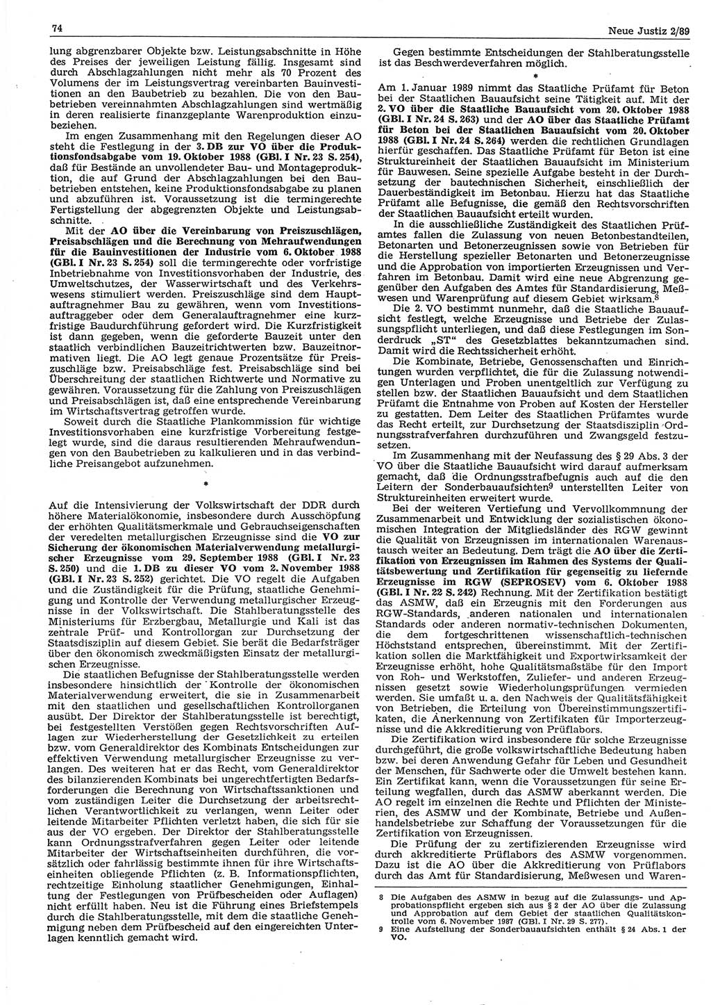 Neue Justiz (NJ), Zeitschrift für sozialistisches Recht und Gesetzlichkeit [Deutsche Demokratische Republik (DDR)], 43. Jahrgang 1989, Seite 74 (NJ DDR 1989, S. 74)