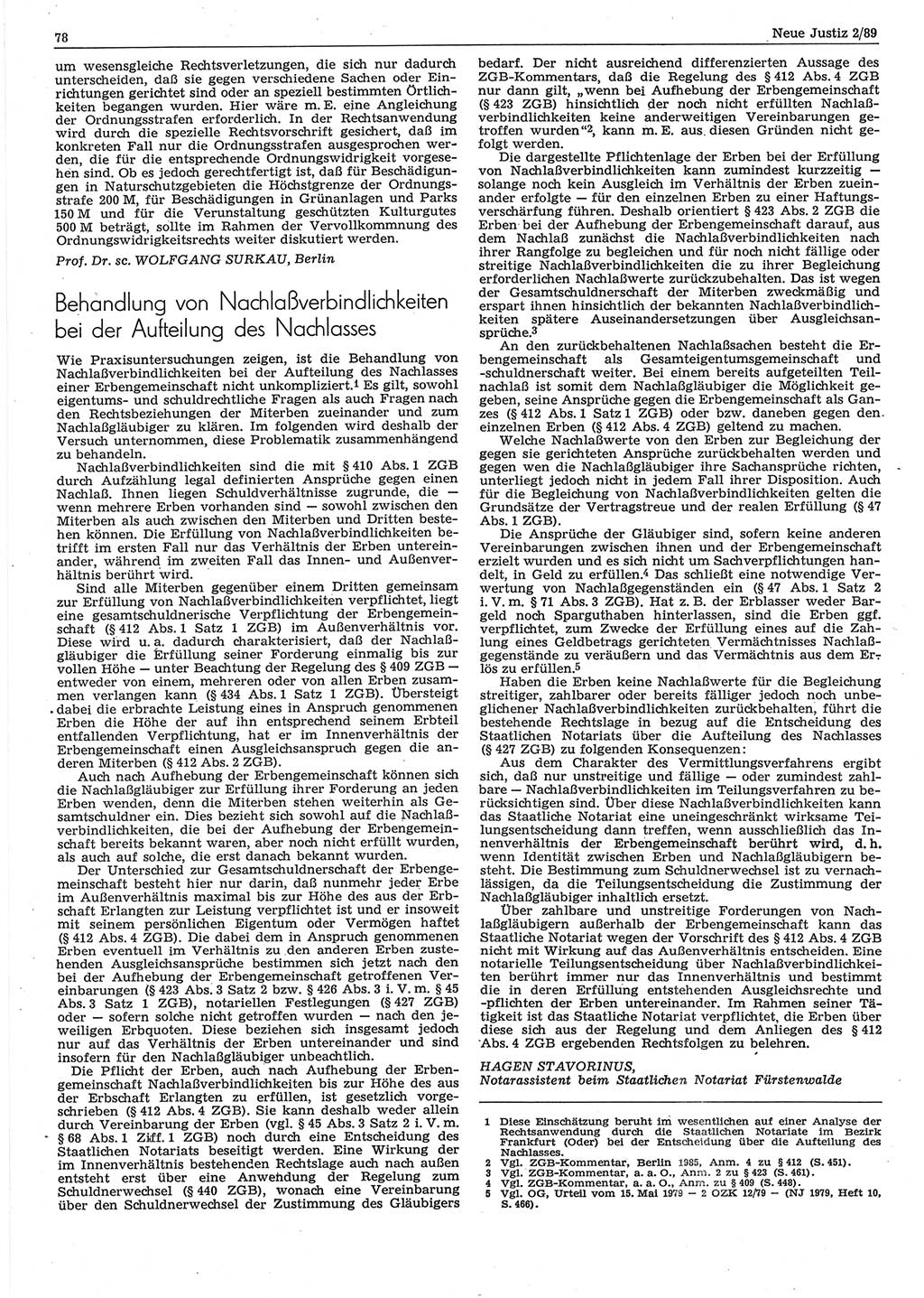 Neue Justiz (NJ), Zeitschrift für sozialistisches Recht und Gesetzlichkeit [Deutsche Demokratische Republik (DDR)], 43. Jahrgang 1989, Seite 78 (NJ DDR 1989, S. 78)