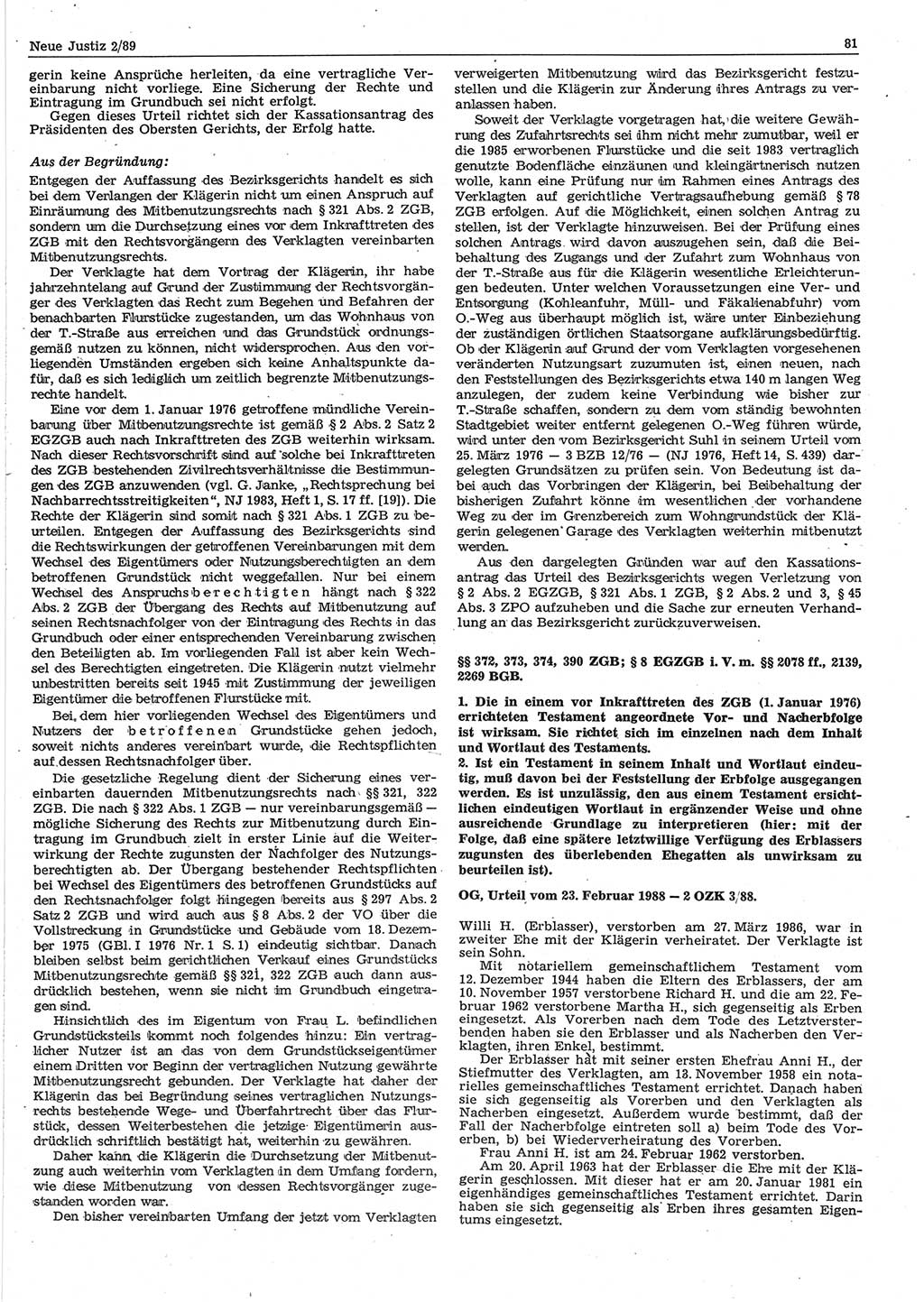 Neue Justiz (NJ), Zeitschrift für sozialistisches Recht und Gesetzlichkeit [Deutsche Demokratische Republik (DDR)], 43. Jahrgang 1989, Seite 81 (NJ DDR 1989, S. 81)