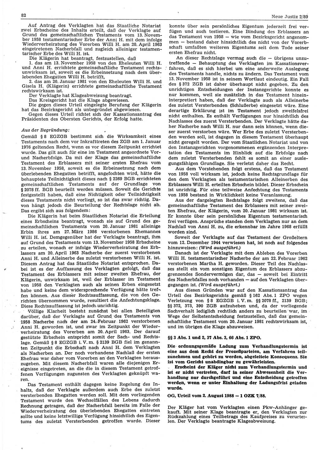 Neue Justiz (NJ), Zeitschrift für sozialistisches Recht und Gesetzlichkeit [Deutsche Demokratische Republik (DDR)], 43. Jahrgang 1989, Seite 82 (NJ DDR 1989, S. 82)