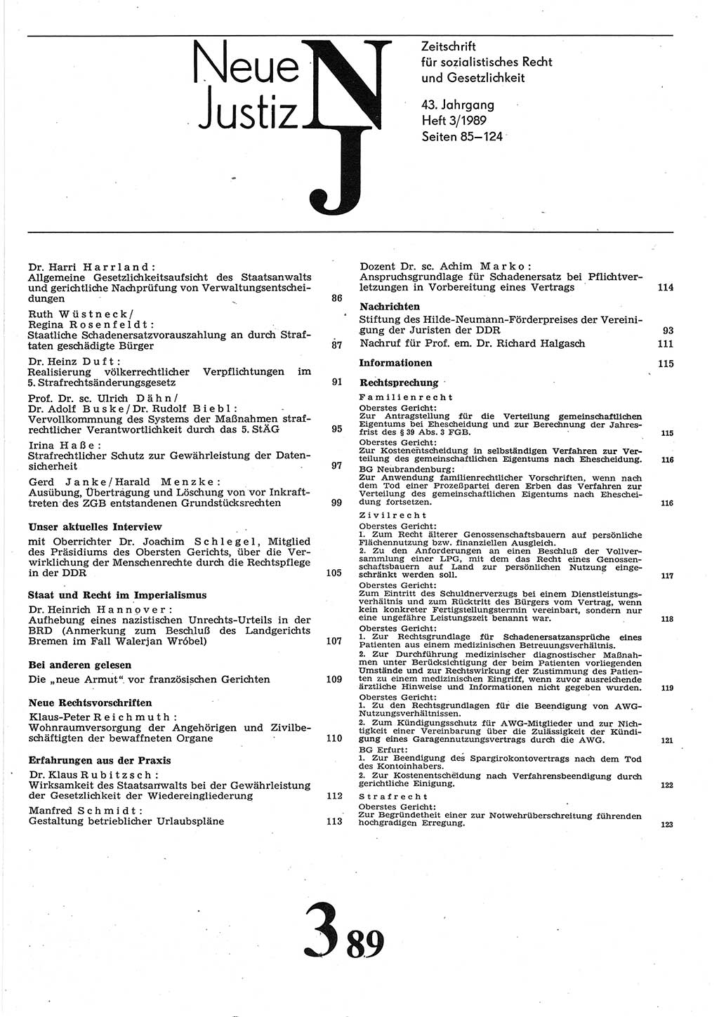 Neue Justiz (NJ), Zeitschrift für sozialistisches Recht und Gesetzlichkeit [Deutsche Demokratische Republik (DDR)], 43. Jahrgang 1989, Seite 85 (NJ DDR 1989, S. 85)