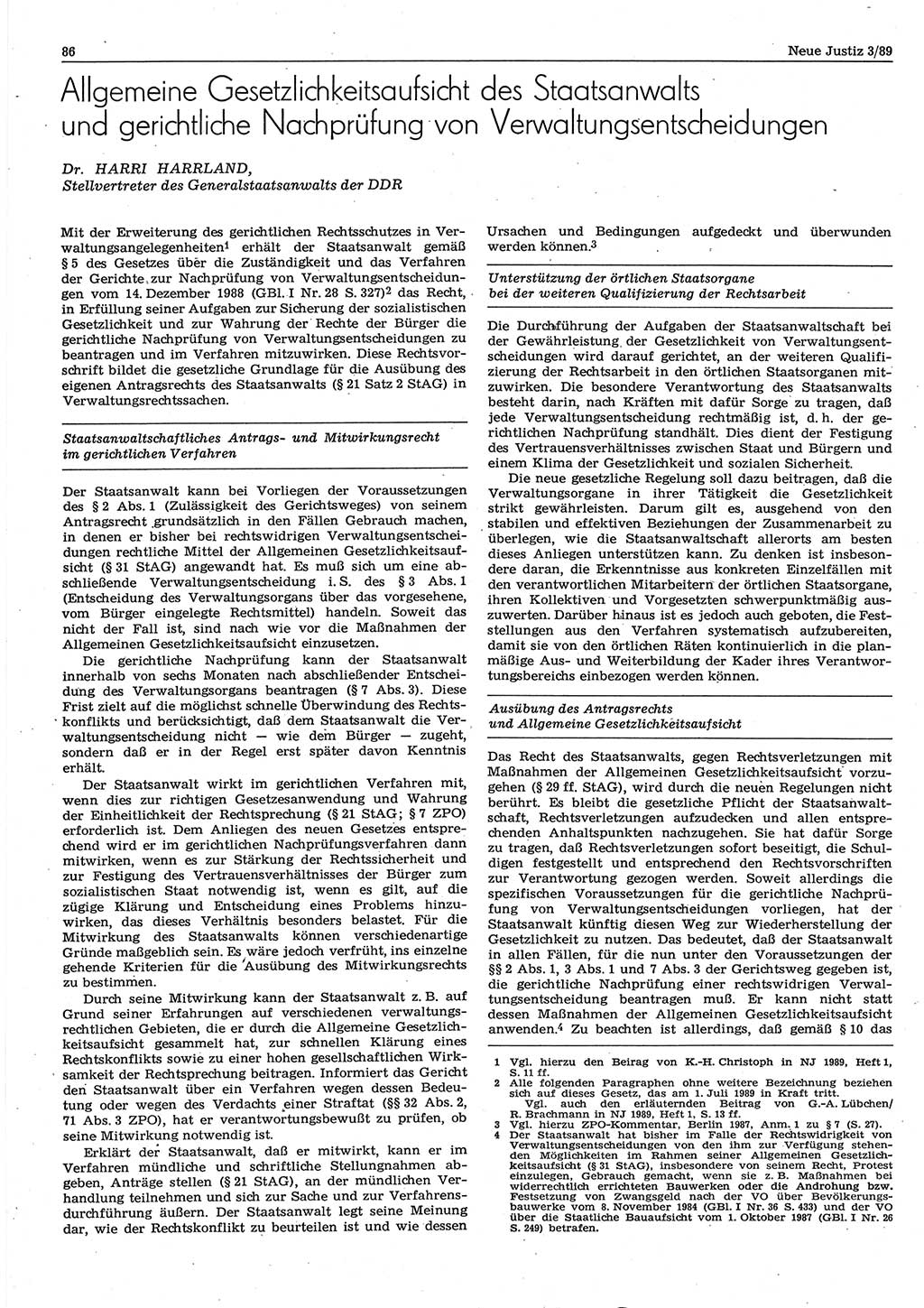 Neue Justiz (NJ), Zeitschrift für sozialistisches Recht und Gesetzlichkeit [Deutsche Demokratische Republik (DDR)], 43. Jahrgang 1989, Seite 86 (NJ DDR 1989, S. 86)