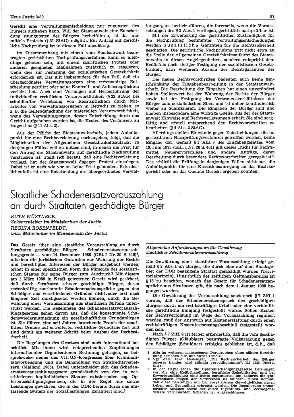 Neue Justiz (NJ), Zeitschrift für sozialistisches Recht und Gesetzlichkeit [Deutsche Demokratische Republik (DDR)], 43. Jahrgang 1989, Seite 87 (NJ DDR 1989, S. 87)