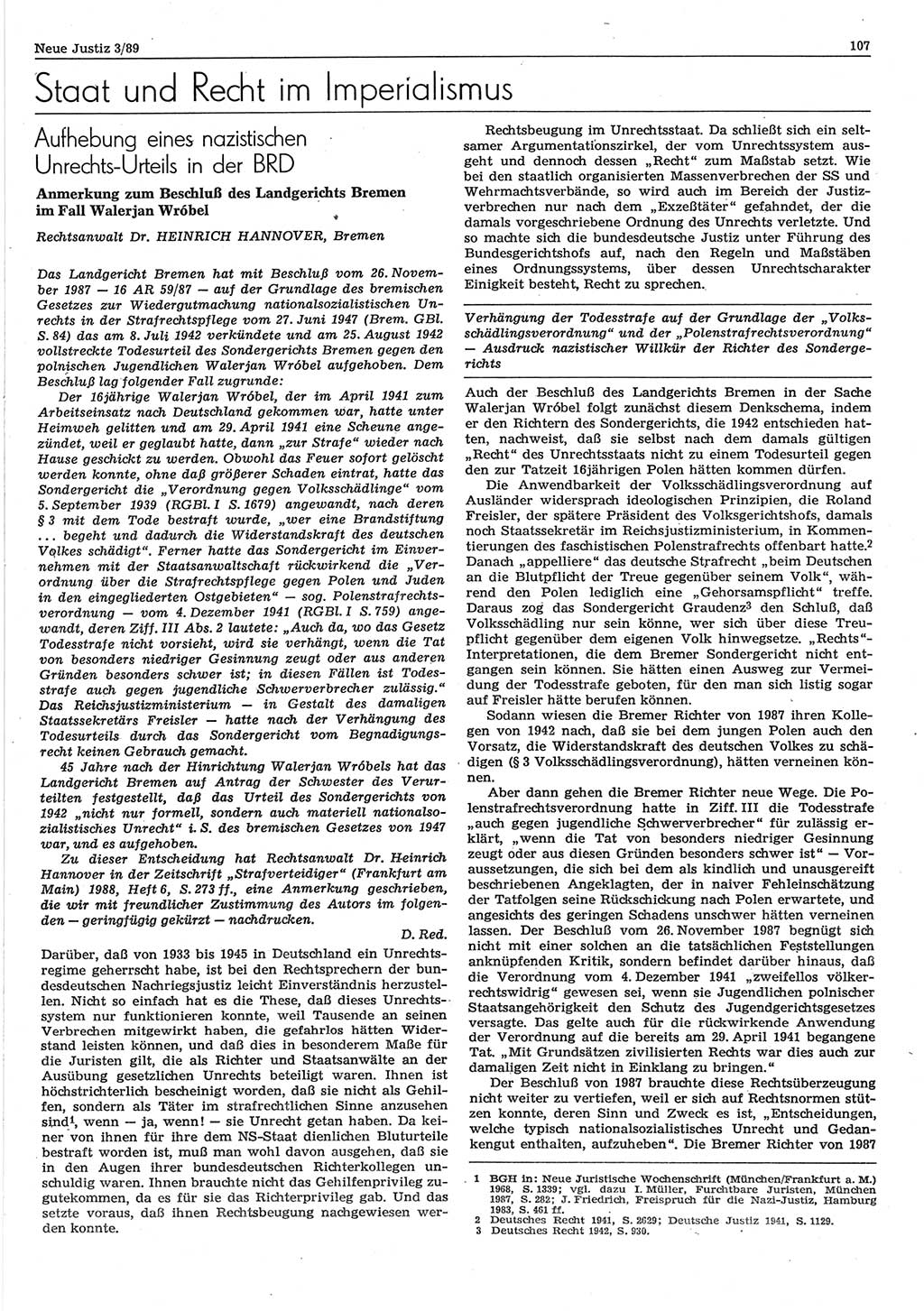 Neue Justiz (NJ), Zeitschrift für sozialistisches Recht und Gesetzlichkeit [Deutsche Demokratische Republik (DDR)], 43. Jahrgang 1989, Seite 107 (NJ DDR 1989, S. 107)