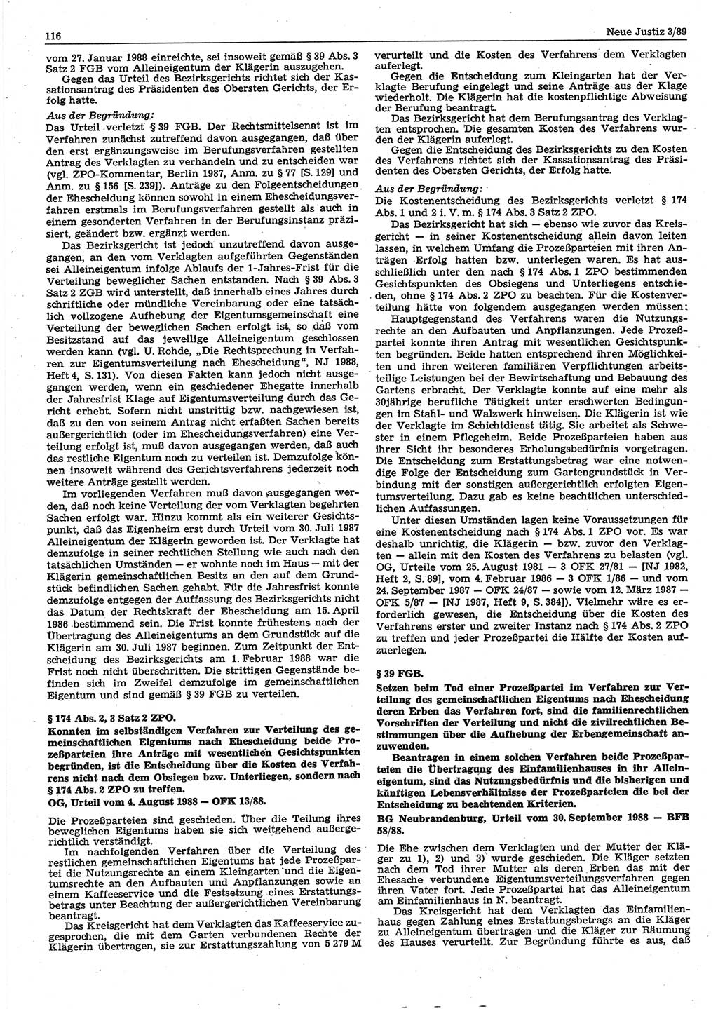 Neue Justiz (NJ), Zeitschrift für sozialistisches Recht und Gesetzlichkeit [Deutsche Demokratische Republik (DDR)], 43. Jahrgang 1989, Seite 116 (NJ DDR 1989, S. 116)