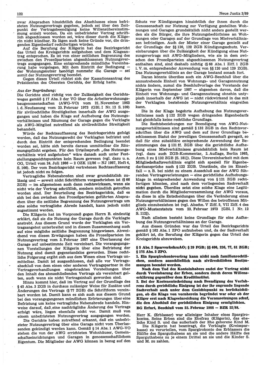 Neue Justiz (NJ), Zeitschrift für sozialistisches Recht und Gesetzlichkeit [Deutsche Demokratische Republik (DDR)], 43. Jahrgang 1989, Seite 122 (NJ DDR 1989, S. 122)