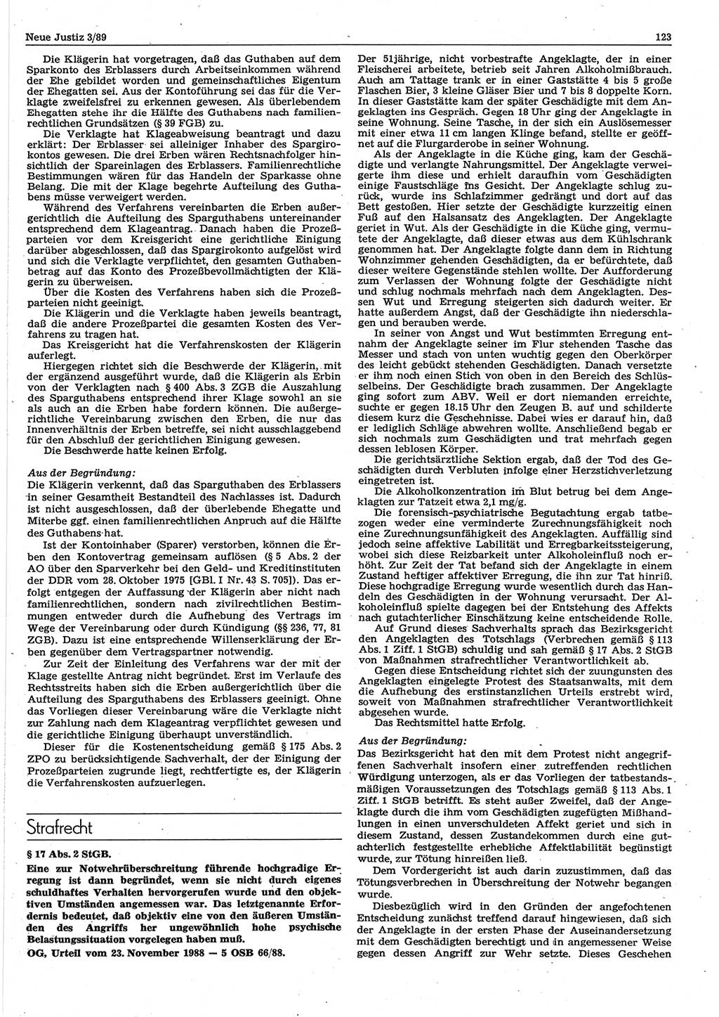 Neue Justiz (NJ), Zeitschrift für sozialistisches Recht und Gesetzlichkeit [Deutsche Demokratische Republik (DDR)], 43. Jahrgang 1989, Seite 123 (NJ DDR 1989, S. 123)