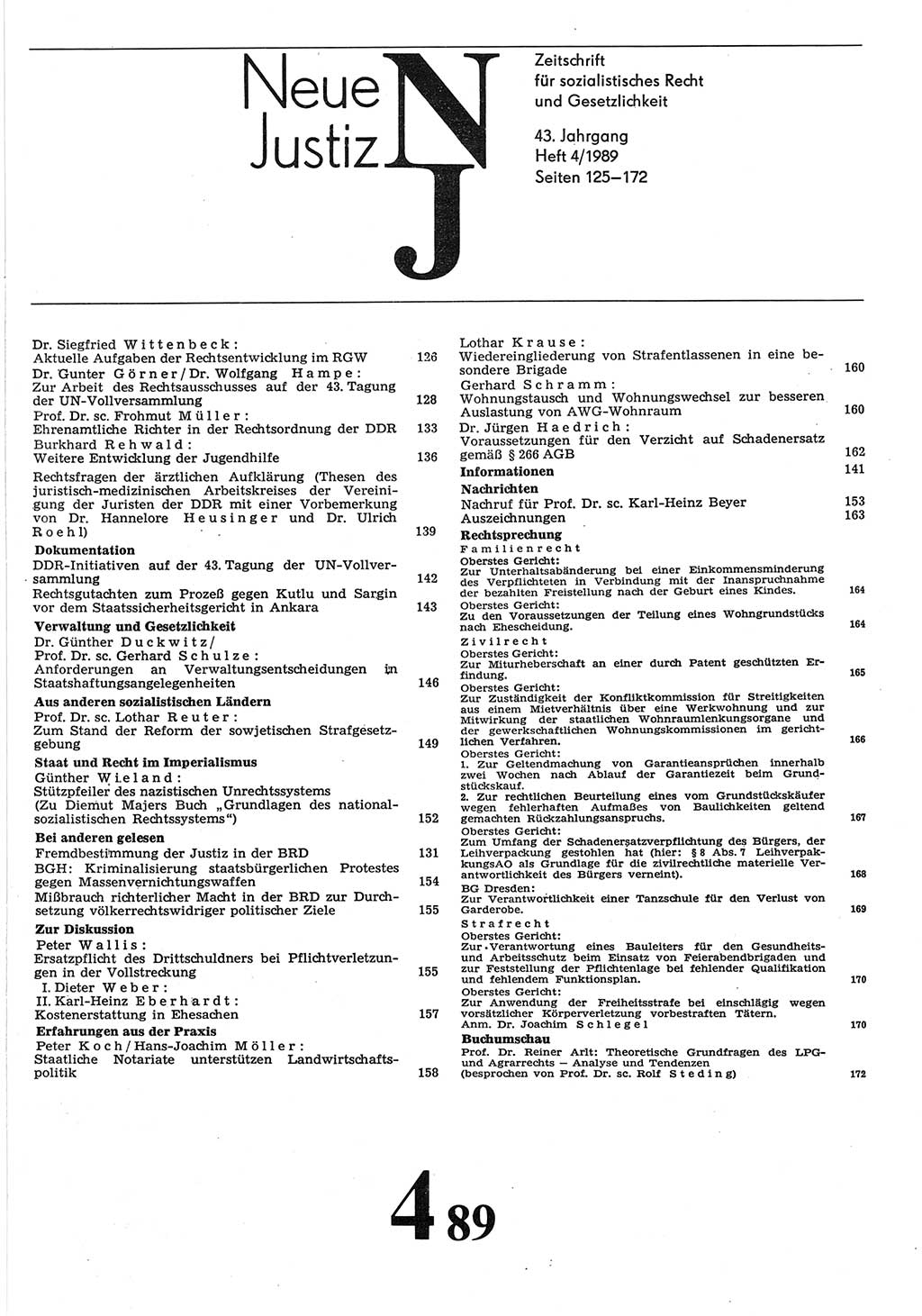Neue Justiz (NJ), Zeitschrift für sozialistisches Recht und Gesetzlichkeit [Deutsche Demokratische Republik (DDR)], 43. Jahrgang 1989, Seite 125 (NJ DDR 1989, S. 125)