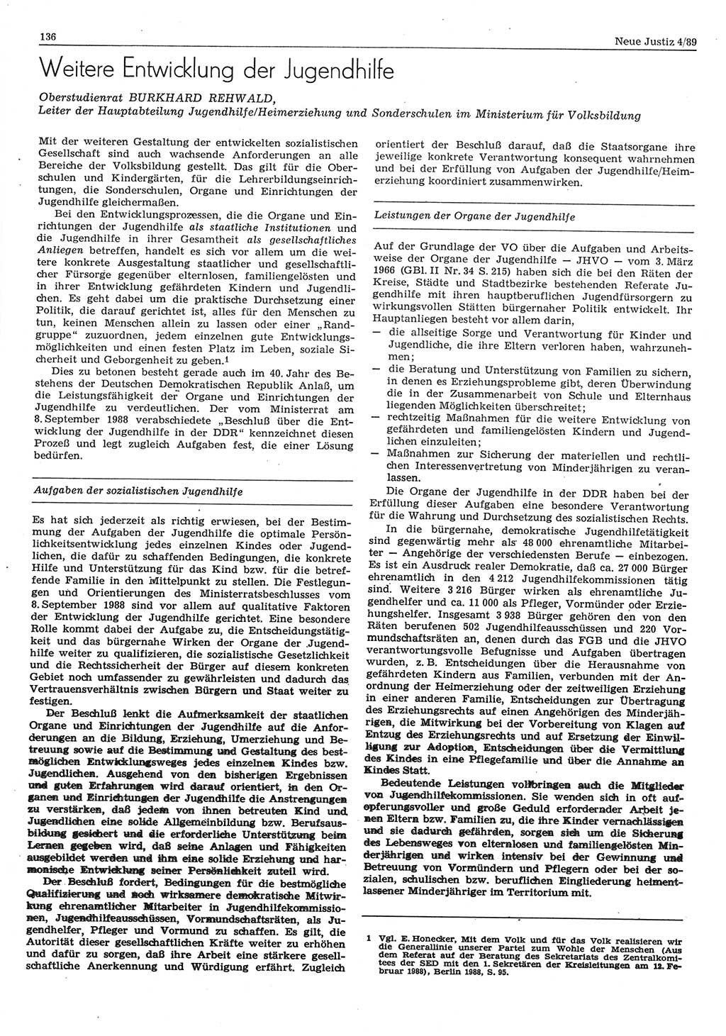Neue Justiz (NJ), Zeitschrift für sozialistisches Recht und Gesetzlichkeit [Deutsche Demokratische Republik (DDR)], 43. Jahrgang 1989, Seite 136 (NJ DDR 1989, S. 136)
