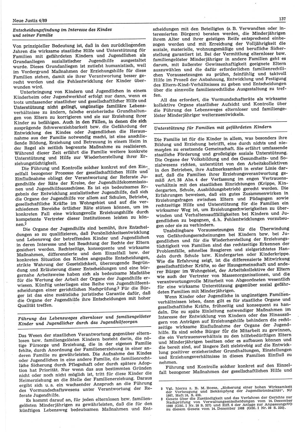 Neue Justiz (NJ), Zeitschrift für sozialistisches Recht und Gesetzlichkeit [Deutsche Demokratische Republik (DDR)], 43. Jahrgang 1989, Seite 137 (NJ DDR 1989, S. 137)