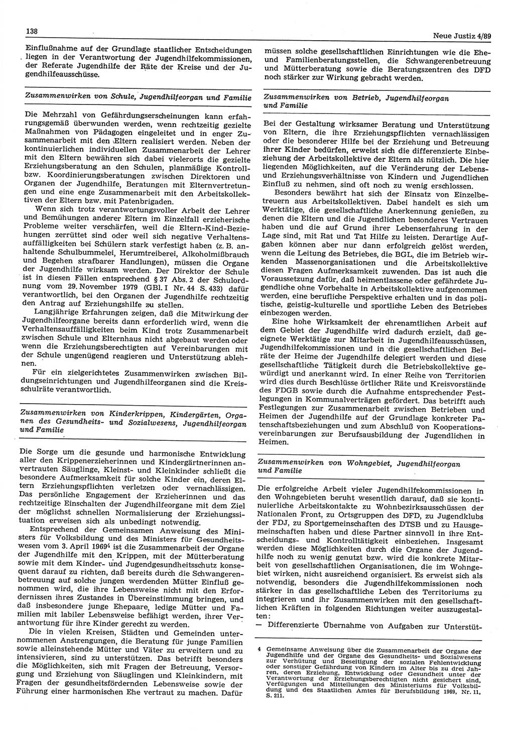Neue Justiz (NJ), Zeitschrift für sozialistisches Recht und Gesetzlichkeit [Deutsche Demokratische Republik (DDR)], 43. Jahrgang 1989, Seite 138 (NJ DDR 1989, S. 138)