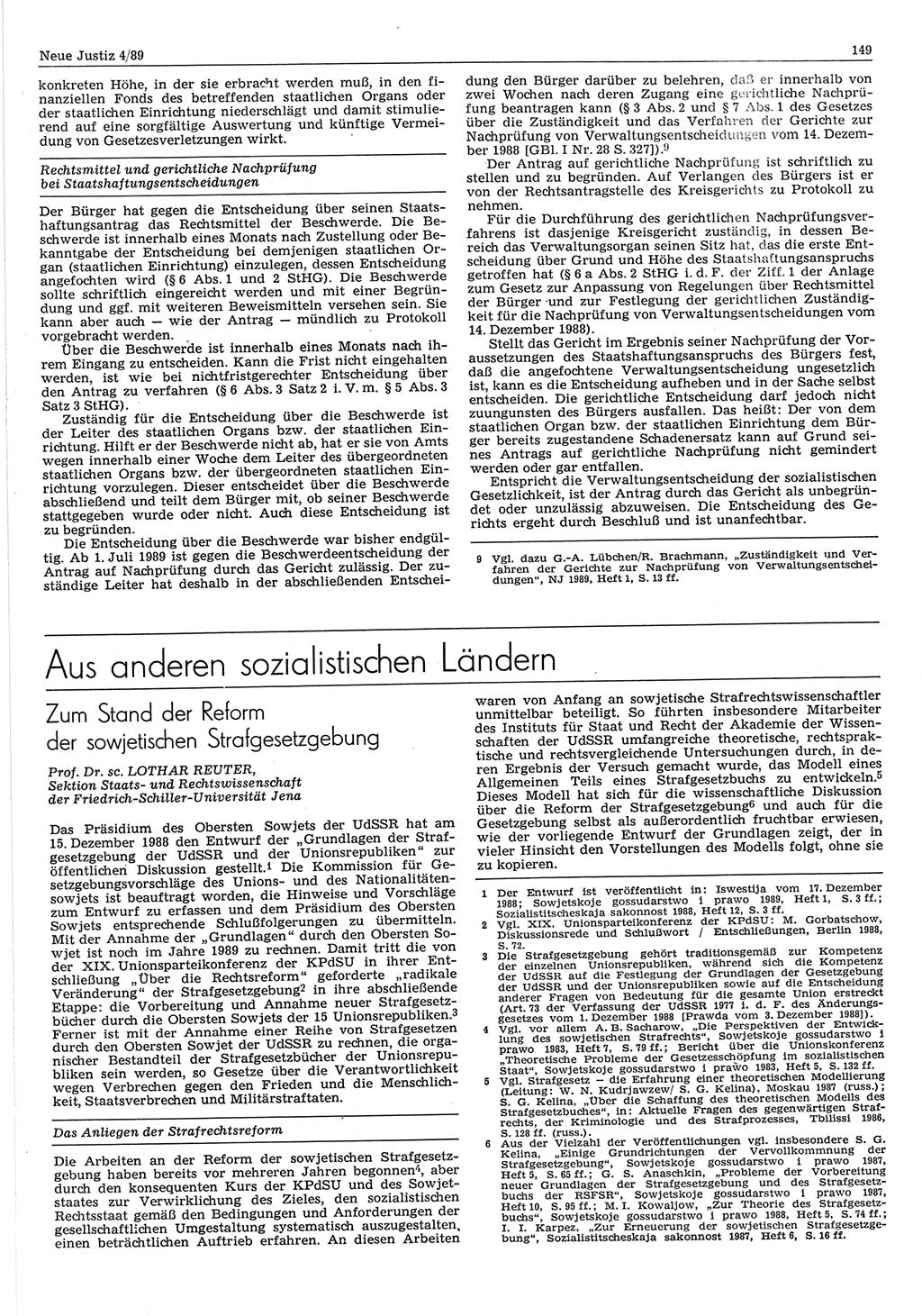 Neue Justiz (NJ), Zeitschrift für sozialistisches Recht und Gesetzlichkeit [Deutsche Demokratische Republik (DDR)], 43. Jahrgang 1989, Seite 149 (NJ DDR 1989, S. 149)