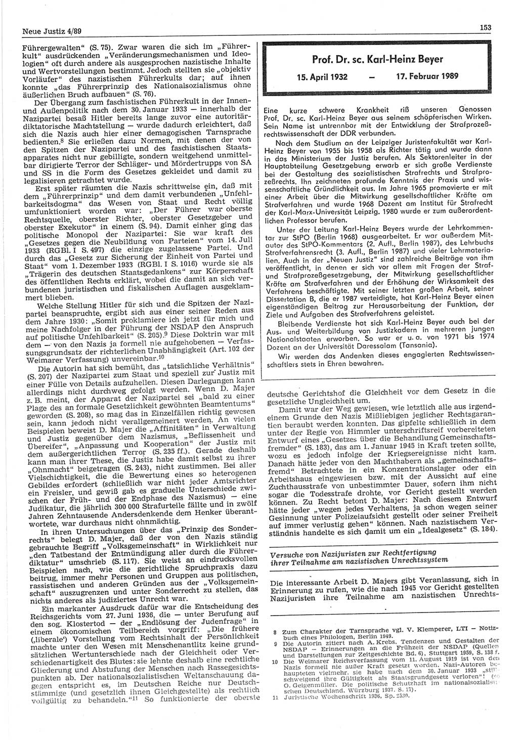 Neue Justiz (NJ), Zeitschrift für sozialistisches Recht und Gesetzlichkeit [Deutsche Demokratische Republik (DDR)], 43. Jahrgang 1989, Seite 153 (NJ DDR 1989, S. 153)