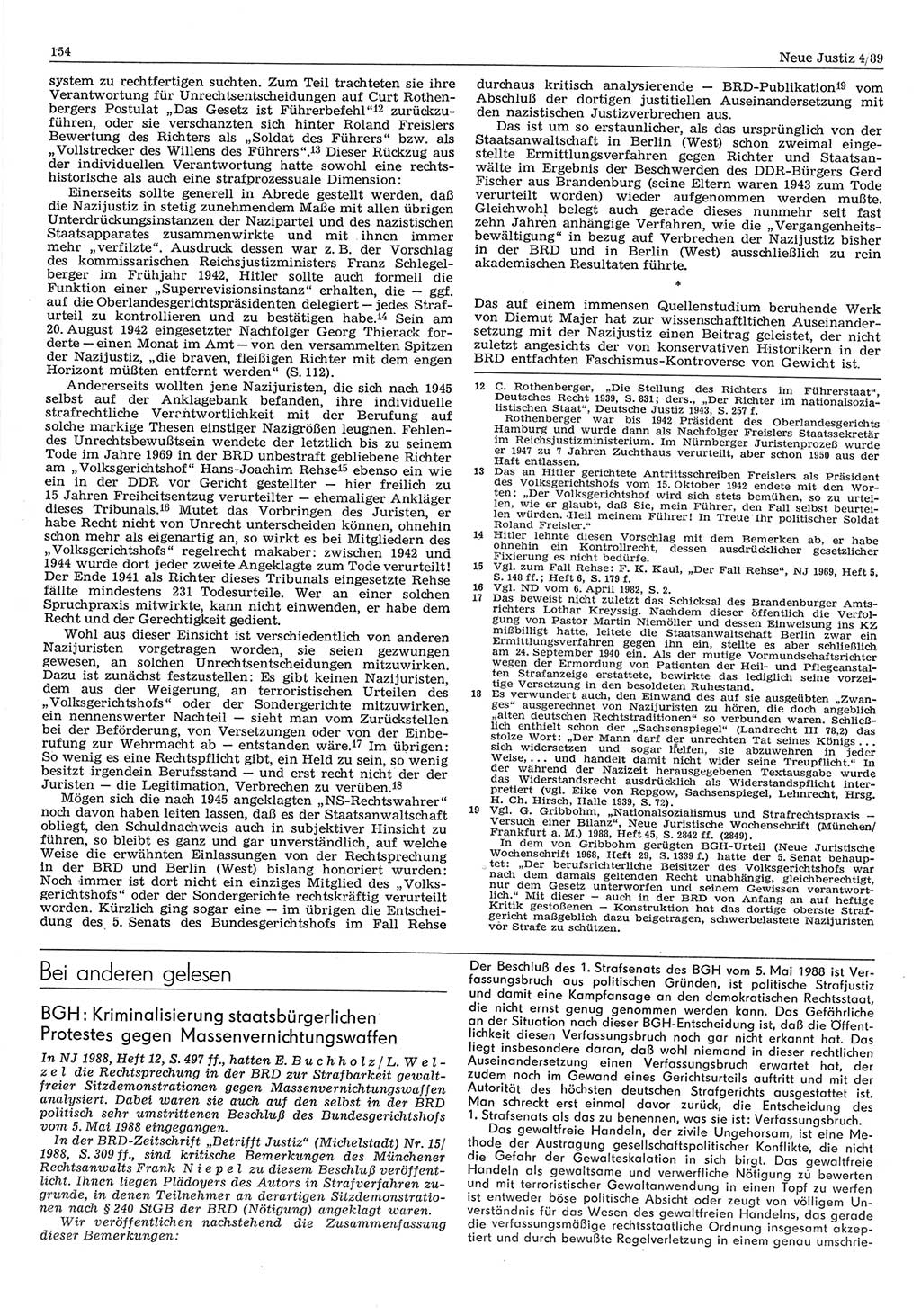 Neue Justiz (NJ), Zeitschrift für sozialistisches Recht und Gesetzlichkeit [Deutsche Demokratische Republik (DDR)], 43. Jahrgang 1989, Seite 154 (NJ DDR 1989, S. 154)