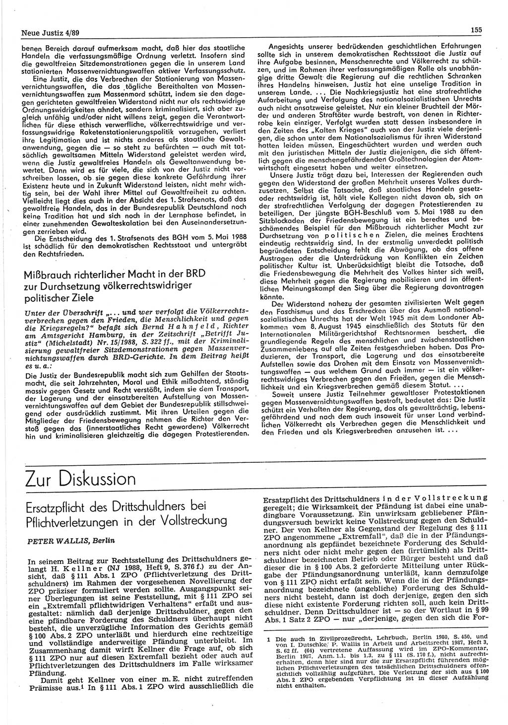 Neue Justiz (NJ), Zeitschrift für sozialistisches Recht und Gesetzlichkeit [Deutsche Demokratische Republik (DDR)], 43. Jahrgang 1989, Seite 155 (NJ DDR 1989, S. 155)