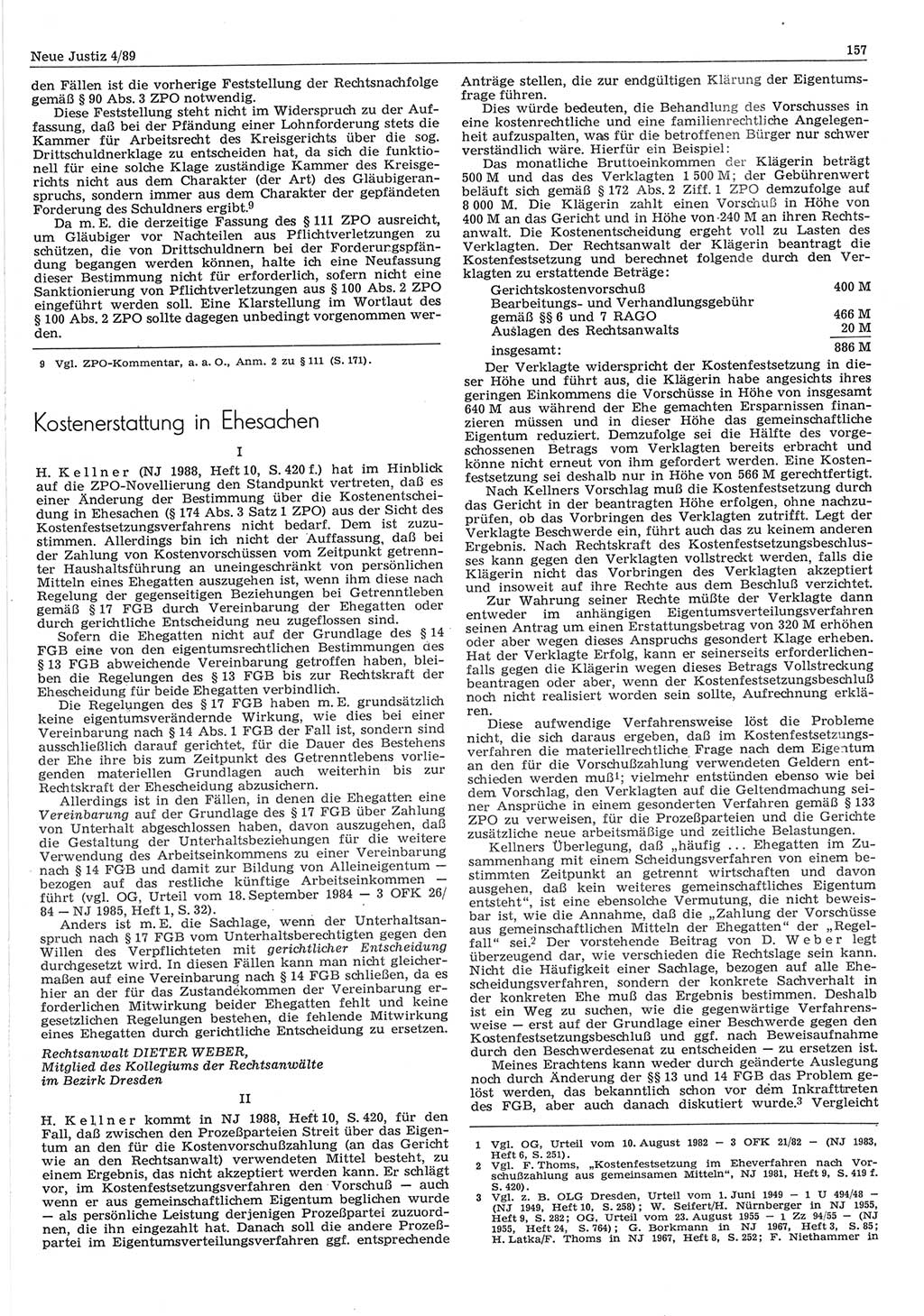Neue Justiz (NJ), Zeitschrift für sozialistisches Recht und Gesetzlichkeit [Deutsche Demokratische Republik (DDR)], 43. Jahrgang 1989, Seite 157 (NJ DDR 1989, S. 157)