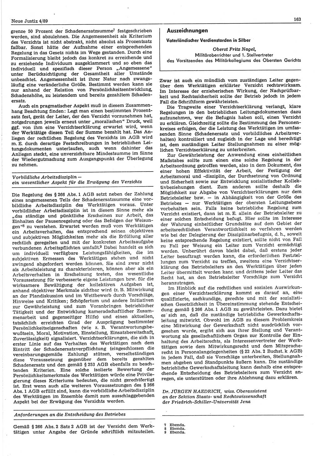 Neue Justiz (NJ), Zeitschrift für sozialistisches Recht und Gesetzlichkeit [Deutsche Demokratische Republik (DDR)], 43. Jahrgang 1989, Seite 163 (NJ DDR 1989, S. 163)