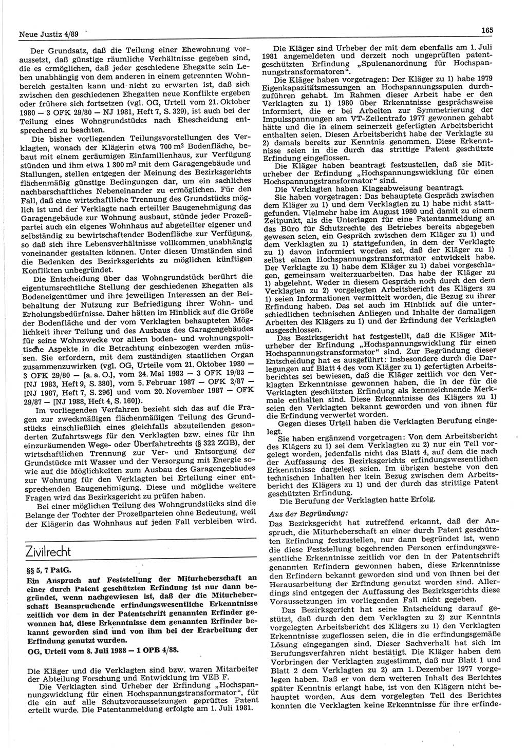 Neue Justiz (NJ), Zeitschrift für sozialistisches Recht und Gesetzlichkeit [Deutsche Demokratische Republik (DDR)], 43. Jahrgang 1989, Seite 165 (NJ DDR 1989, S. 165)