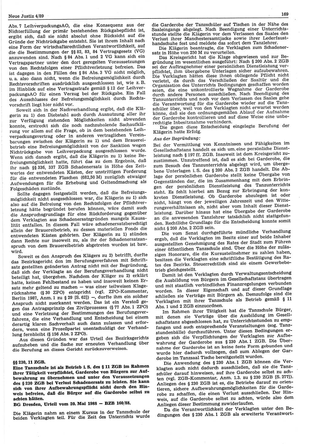 Neue Justiz (NJ), Zeitschrift für sozialistisches Recht und Gesetzlichkeit [Deutsche Demokratische Republik (DDR)], 43. Jahrgang 1989, Seite 169 (NJ DDR 1989, S. 169)