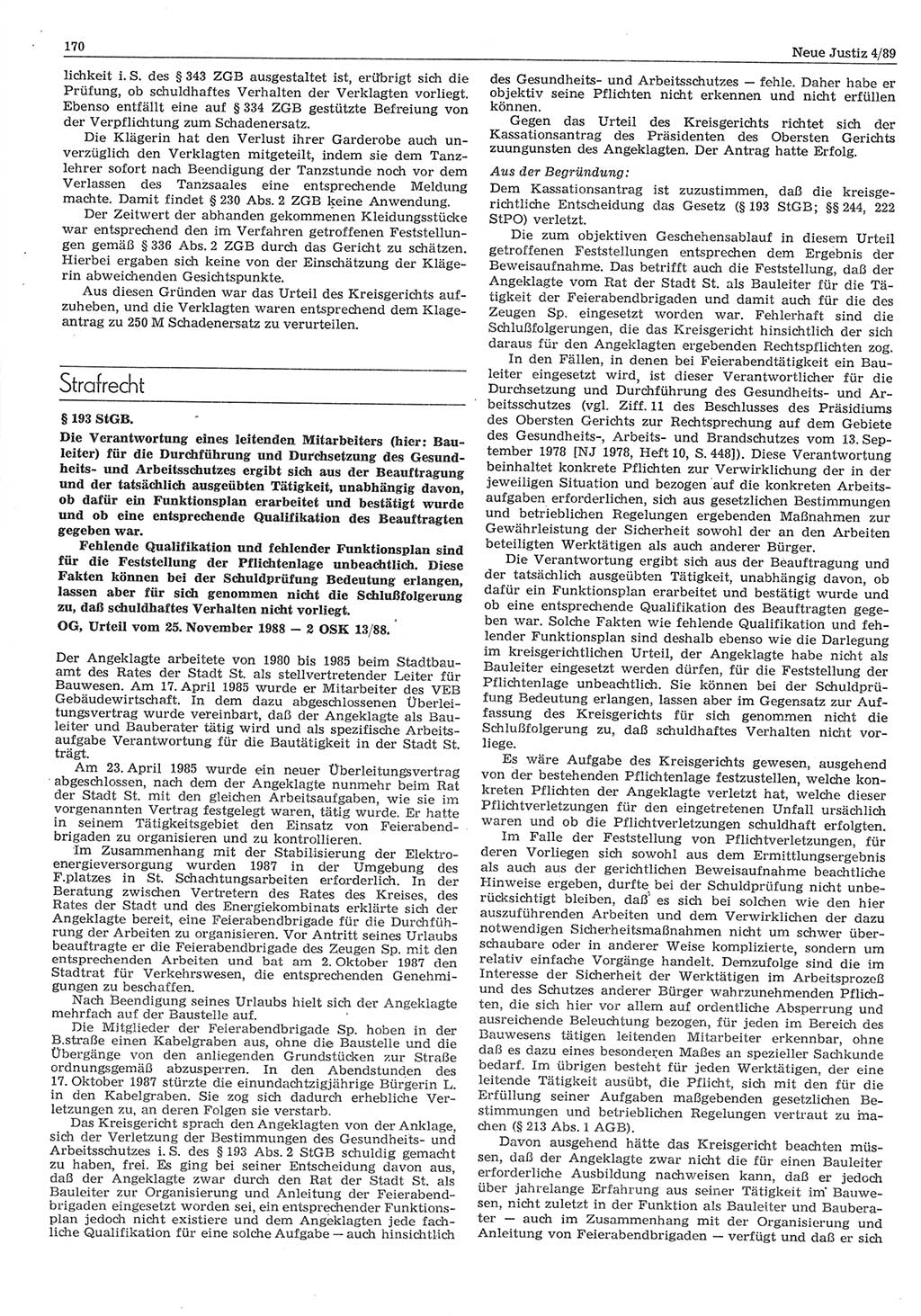 Neue Justiz (NJ), Zeitschrift für sozialistisches Recht und Gesetzlichkeit [Deutsche Demokratische Republik (DDR)], 43. Jahrgang 1989, Seite 170 (NJ DDR 1989, S. 170)