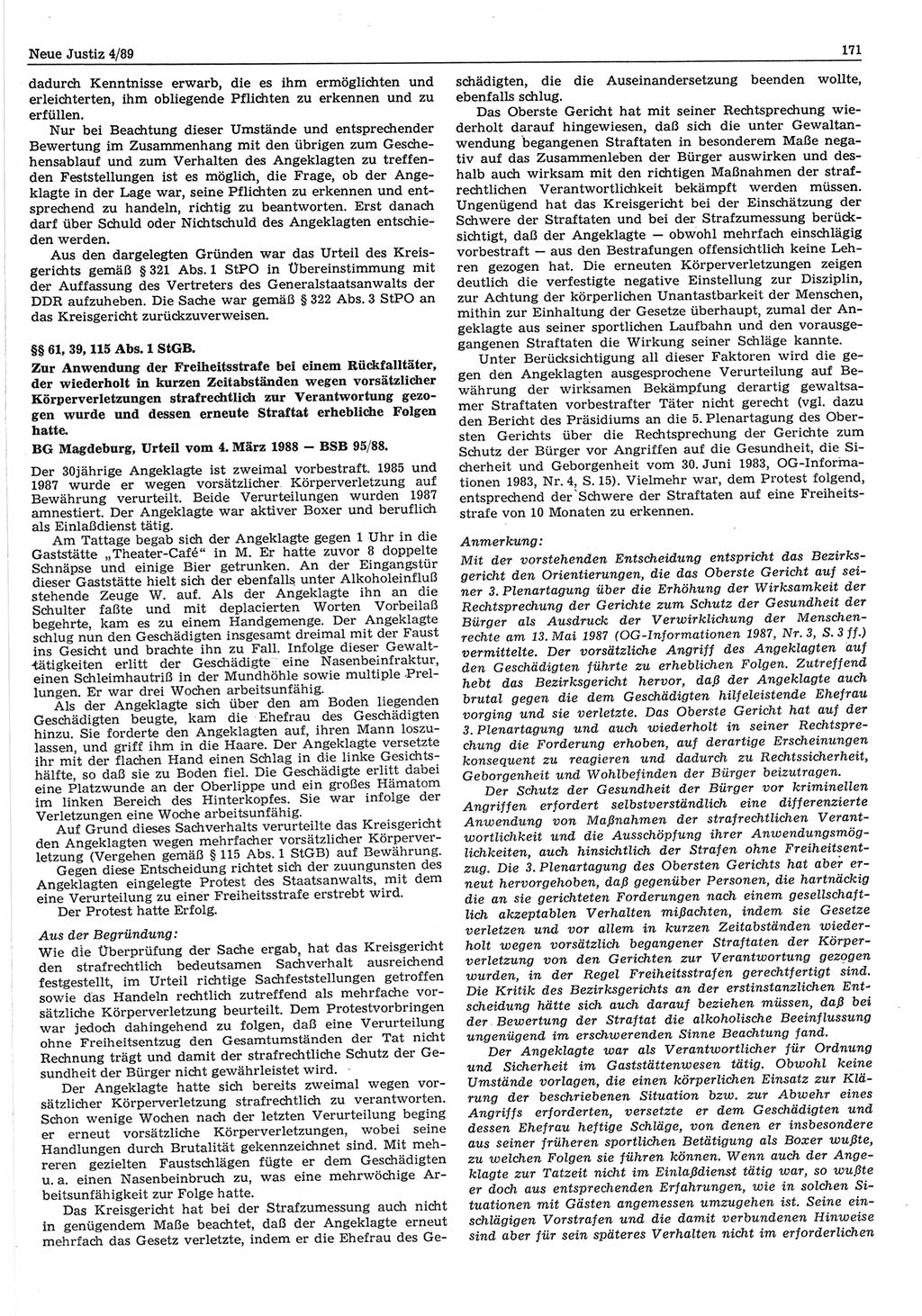 Neue Justiz (NJ), Zeitschrift für sozialistisches Recht und Gesetzlichkeit [Deutsche Demokratische Republik (DDR)], 43. Jahrgang 1989, Seite 171 (NJ DDR 1989, S. 171)