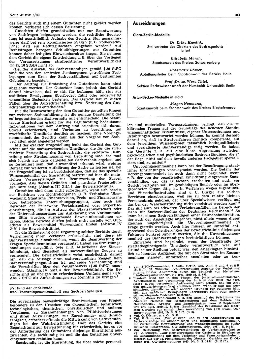 Neue Justiz (NJ), Zeitschrift für sozialistisches Recht und Gesetzlichkeit [Deutsche Demokratische Republik (DDR)], 43. Jahrgang 1989, Seite 183 (NJ DDR 1989, S. 183)