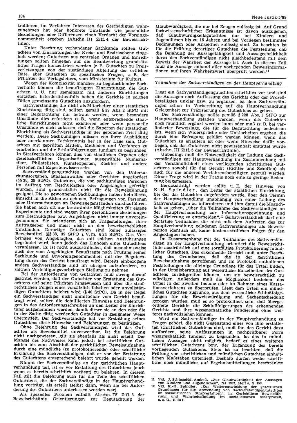 Neue Justiz (NJ), Zeitschrift für sozialistisches Recht und Gesetzlichkeit [Deutsche Demokratische Republik (DDR)], 43. Jahrgang 1989, Seite 184 (NJ DDR 1989, S. 184)