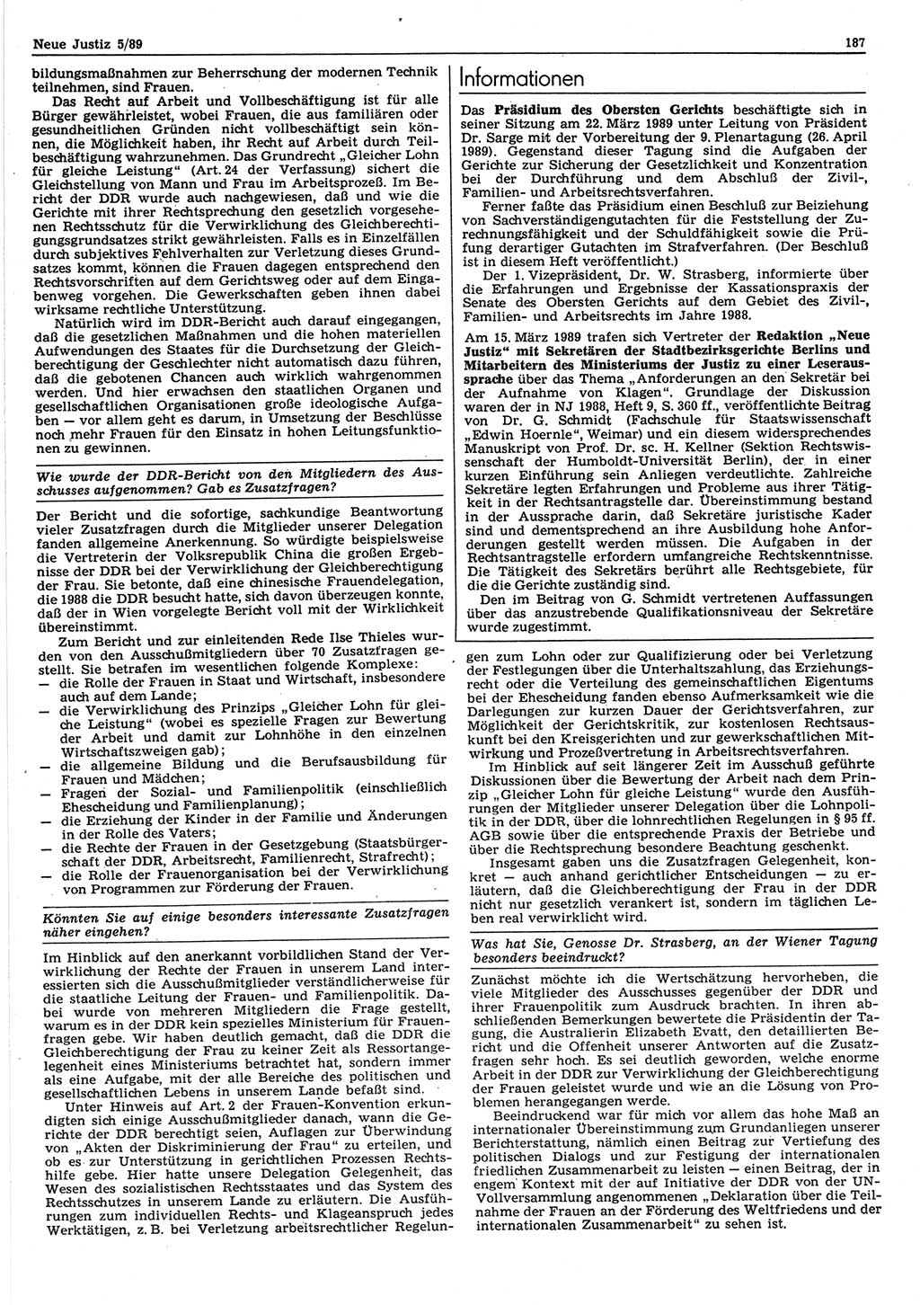 Neue Justiz (NJ), Zeitschrift für sozialistisches Recht und Gesetzlichkeit [Deutsche Demokratische Republik (DDR)], 43. Jahrgang 1989, Seite 187 (NJ DDR 1989, S. 187)