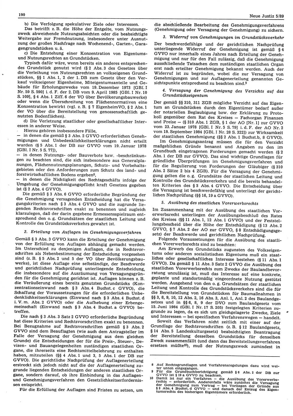 Neue Justiz (NJ), Zeitschrift für sozialistisches Recht und Gesetzlichkeit [Deutsche Demokratische Republik (DDR)], 43. Jahrgang 1989, Seite 190 (NJ DDR 1989, S. 190)