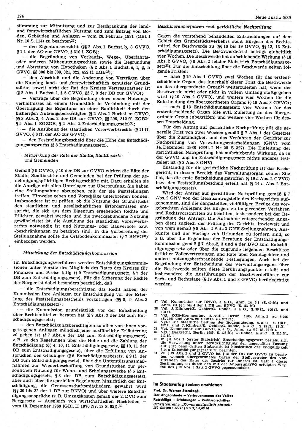 Neue Justiz (NJ), Zeitschrift für sozialistisches Recht und Gesetzlichkeit [Deutsche Demokratische Republik (DDR)], 43. Jahrgang 1989, Seite 194 (NJ DDR 1989, S. 194)