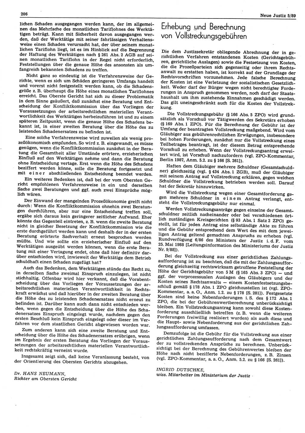 Neue Justiz (NJ), Zeitschrift für sozialistisches Recht und Gesetzlichkeit [Deutsche Demokratische Republik (DDR)], 43. Jahrgang 1989, Seite 206 (NJ DDR 1989, S. 206)