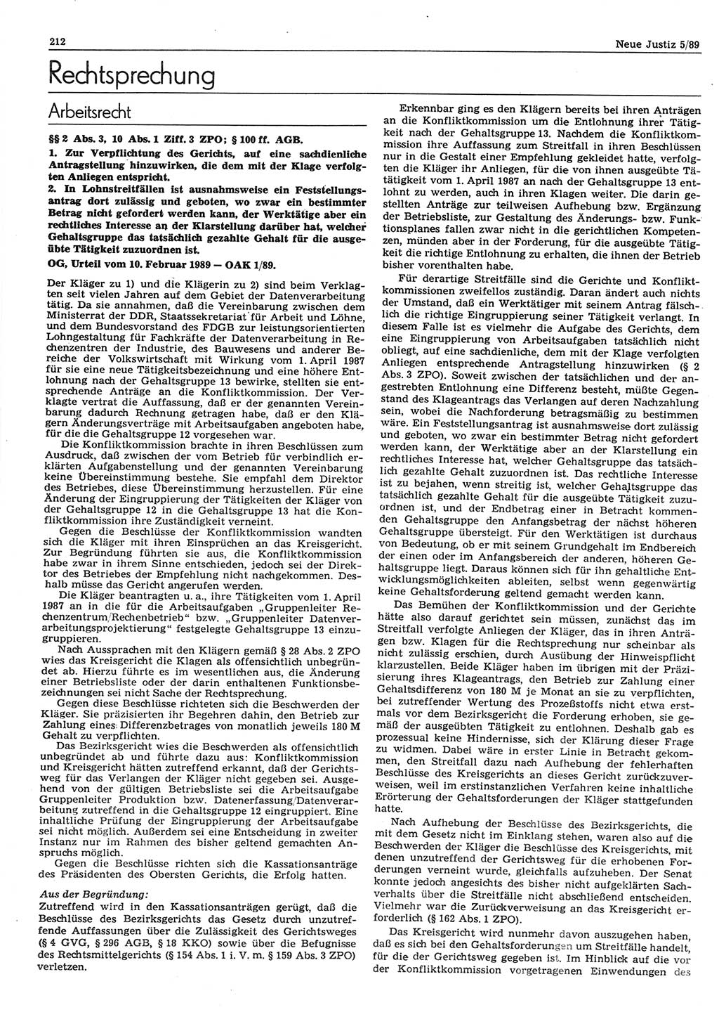 Neue Justiz (NJ), Zeitschrift für sozialistisches Recht und Gesetzlichkeit [Deutsche Demokratische Republik (DDR)], 43. Jahrgang 1989, Seite 212 (NJ DDR 1989, S. 212)