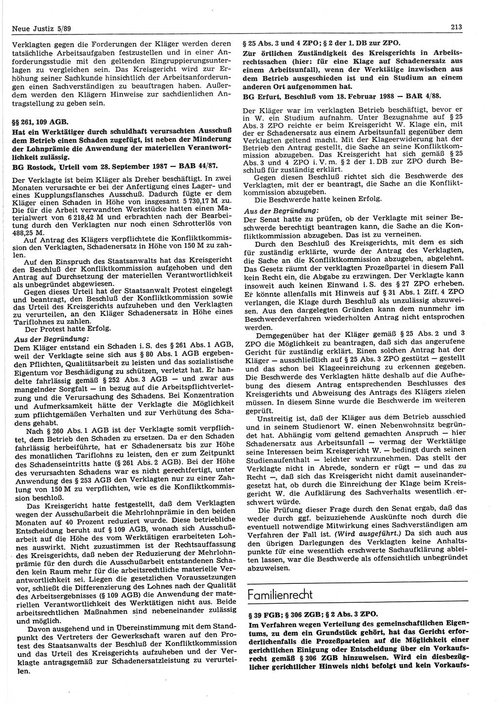 Neue Justiz (NJ), Zeitschrift für sozialistisches Recht und Gesetzlichkeit [Deutsche Demokratische Republik (DDR)], 43. Jahrgang 1989, Seite 213 (NJ DDR 1989, S. 213)