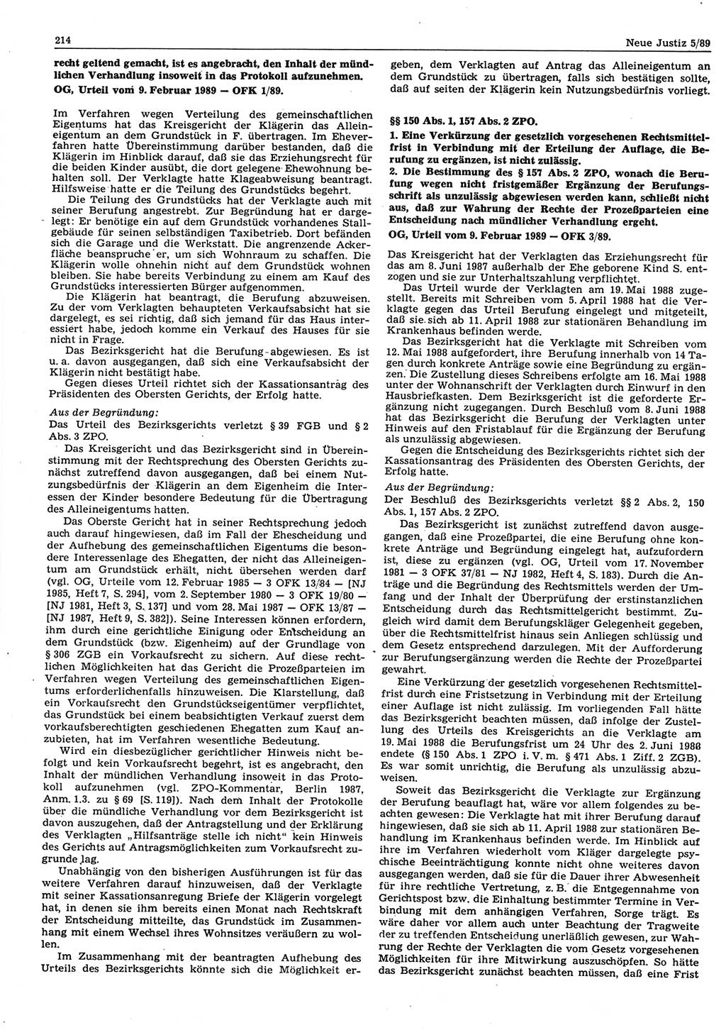 Neue Justiz (NJ), Zeitschrift für sozialistisches Recht und Gesetzlichkeit [Deutsche Demokratische Republik (DDR)], 43. Jahrgang 1989, Seite 214 (NJ DDR 1989, S. 214)