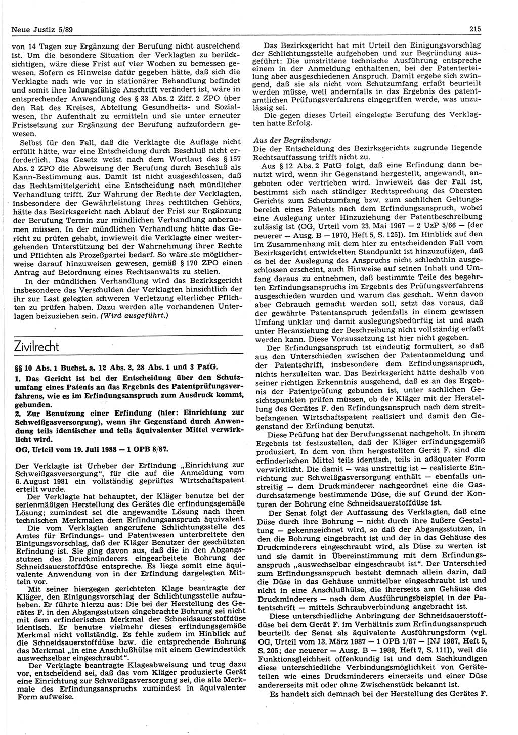 Neue Justiz (NJ), Zeitschrift für sozialistisches Recht und Gesetzlichkeit [Deutsche Demokratische Republik (DDR)], 43. Jahrgang 1989, Seite 215 (NJ DDR 1989, S. 215)