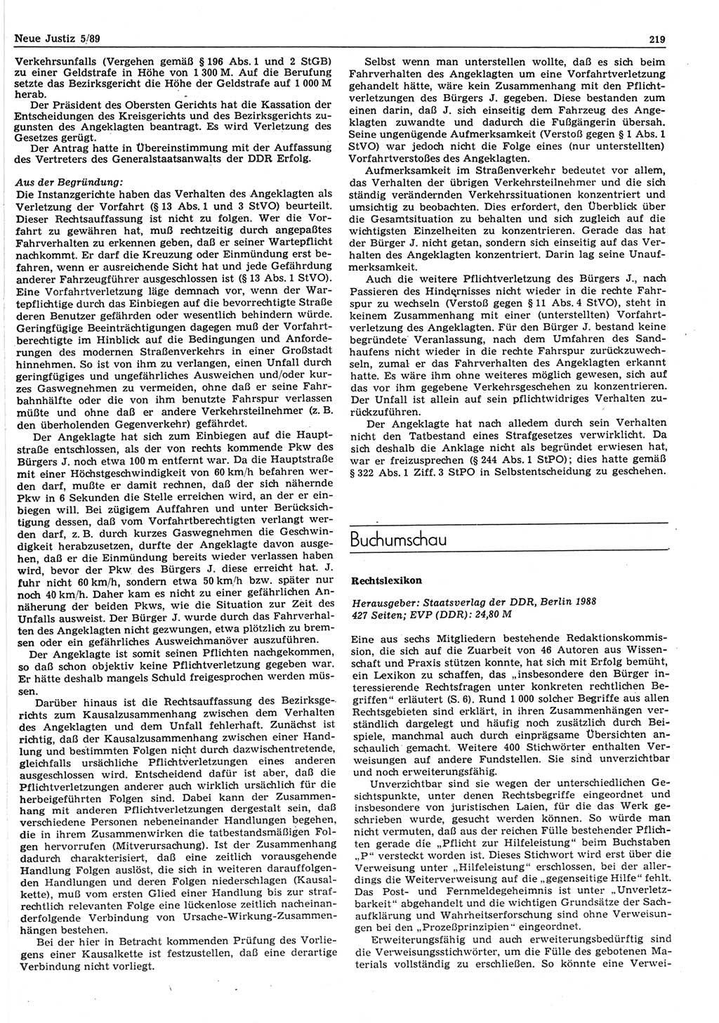 Neue Justiz (NJ), Zeitschrift für sozialistisches Recht und Gesetzlichkeit [Deutsche Demokratische Republik (DDR)], 43. Jahrgang 1989, Seite 219 (NJ DDR 1989, S. 219)