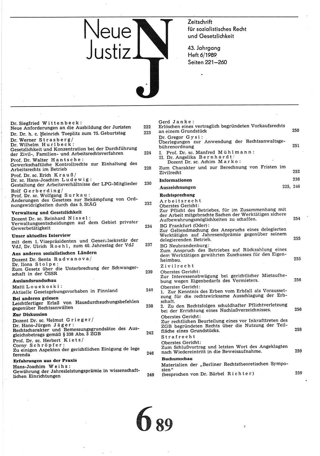 Neue Justiz (NJ), Zeitschrift für sozialistisches Recht und Gesetzlichkeit [Deutsche Demokratische Republik (DDR)], 43. Jahrgang 1989, Seite 221 (NJ DDR 1989, S. 221)