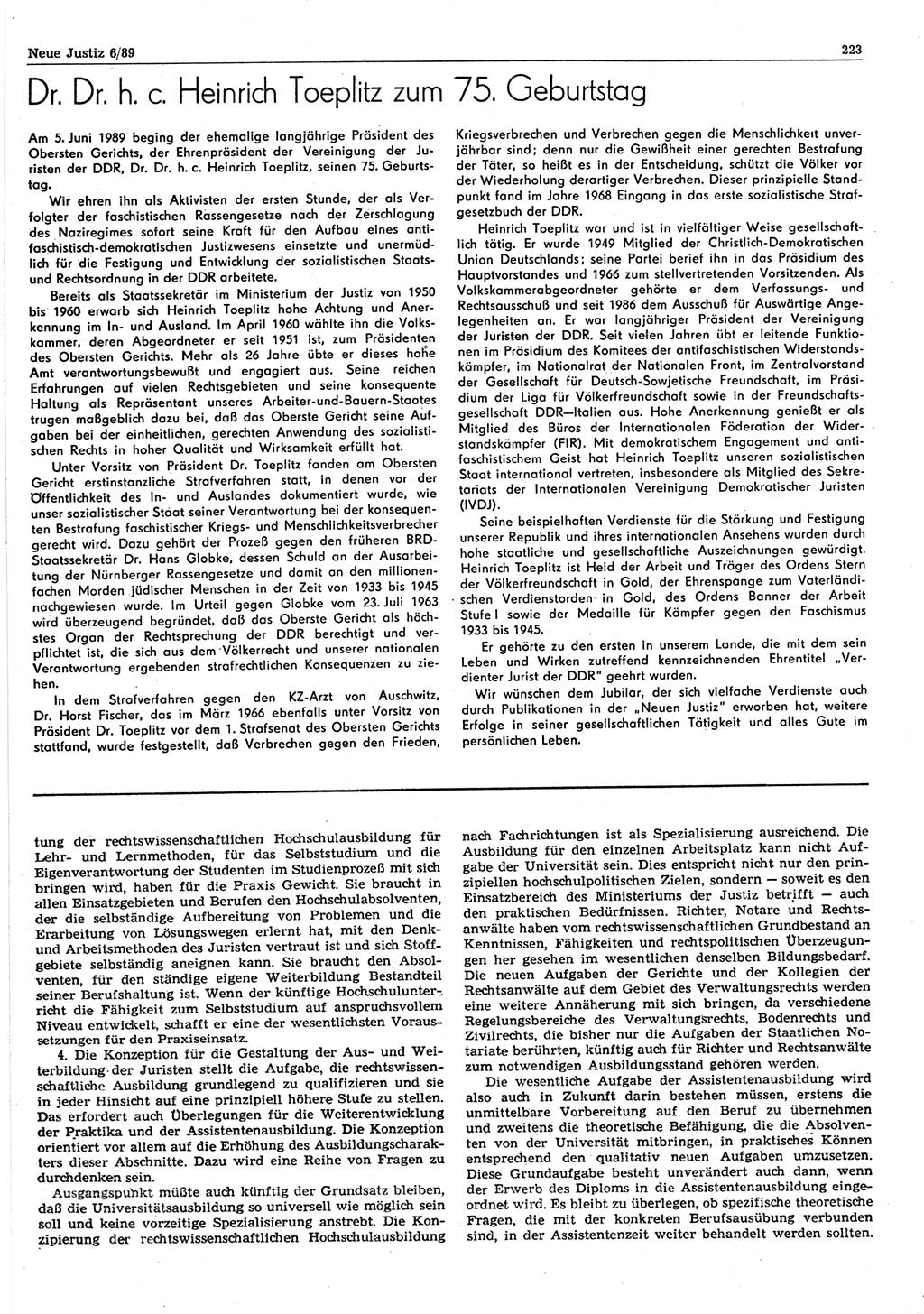 Neue Justiz (NJ), Zeitschrift für sozialistisches Recht und Gesetzlichkeit [Deutsche Demokratische Republik (DDR)], 43. Jahrgang 1989, Seite 223 (NJ DDR 1989, S. 223)