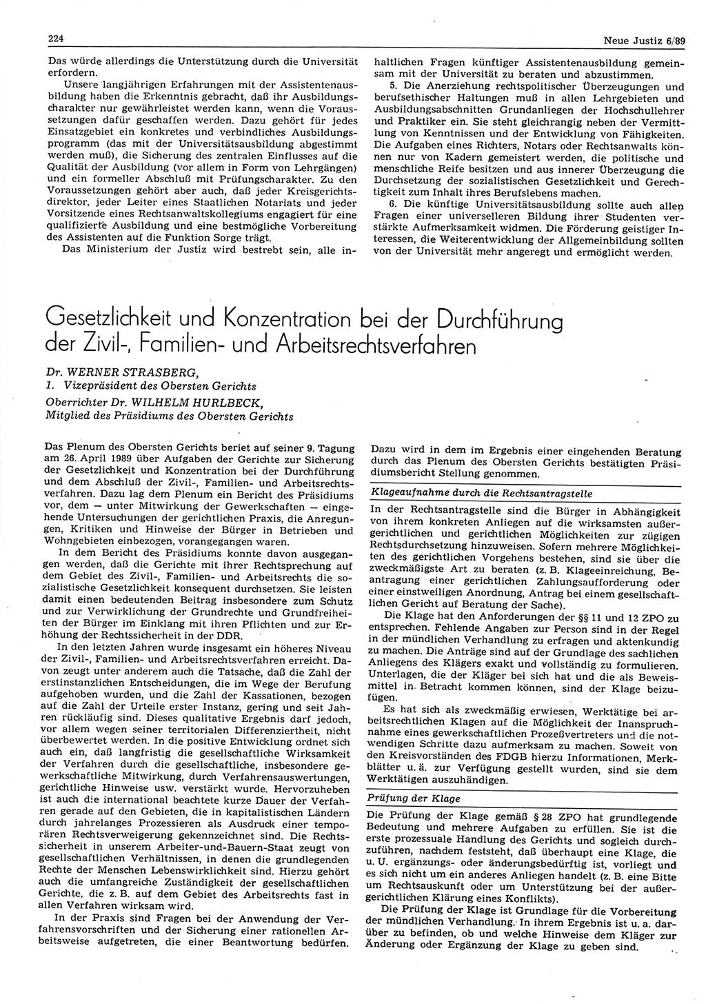 Neue Justiz (NJ), Zeitschrift für sozialistisches Recht und Gesetzlichkeit [Deutsche Demokratische Republik (DDR)], 43. Jahrgang 1989, Seite 224 (NJ DDR 1989, S. 224)