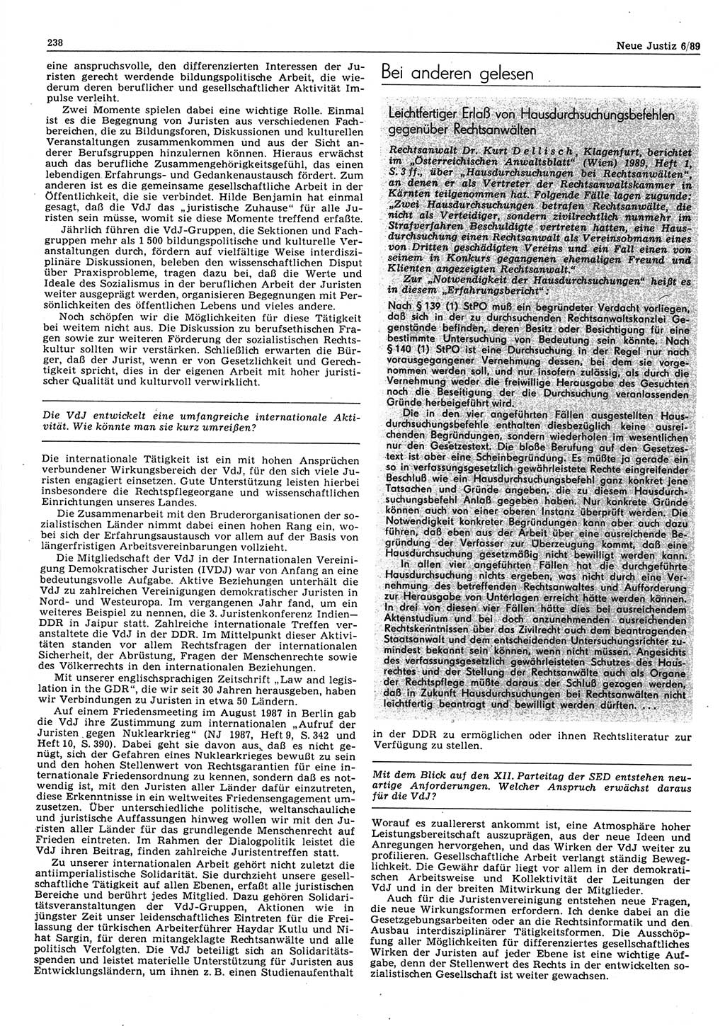 Neue Justiz (NJ), Zeitschrift für sozialistisches Recht und Gesetzlichkeit [Deutsche Demokratische Republik (DDR)], 43. Jahrgang 1989, Seite 238 (NJ DDR 1989, S. 238)