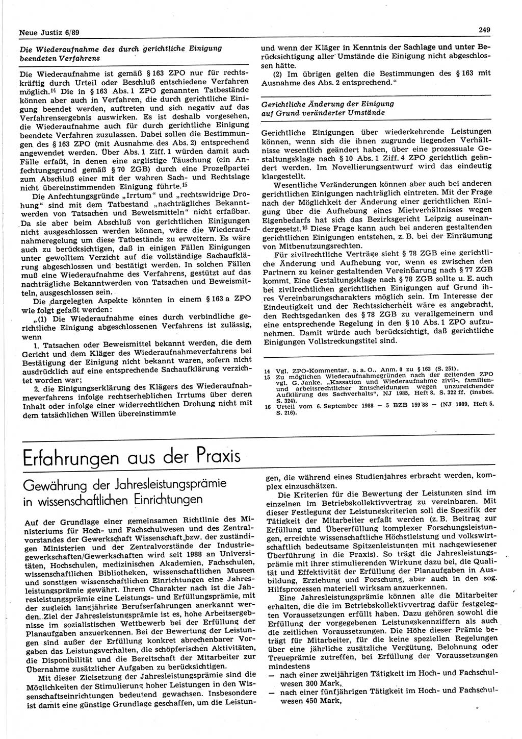 Neue Justiz (NJ), Zeitschrift für sozialistisches Recht und Gesetzlichkeit [Deutsche Demokratische Republik (DDR)], 43. Jahrgang 1989, Seite 249 (NJ DDR 1989, S. 249)